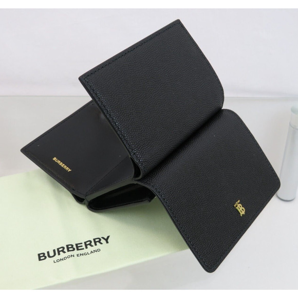 $480 BURBERRY LARK BLACK GRAINED LEATHER GOLD TB LOGO COMPACT TRIFOLD WALLET - Picture 1 of 15